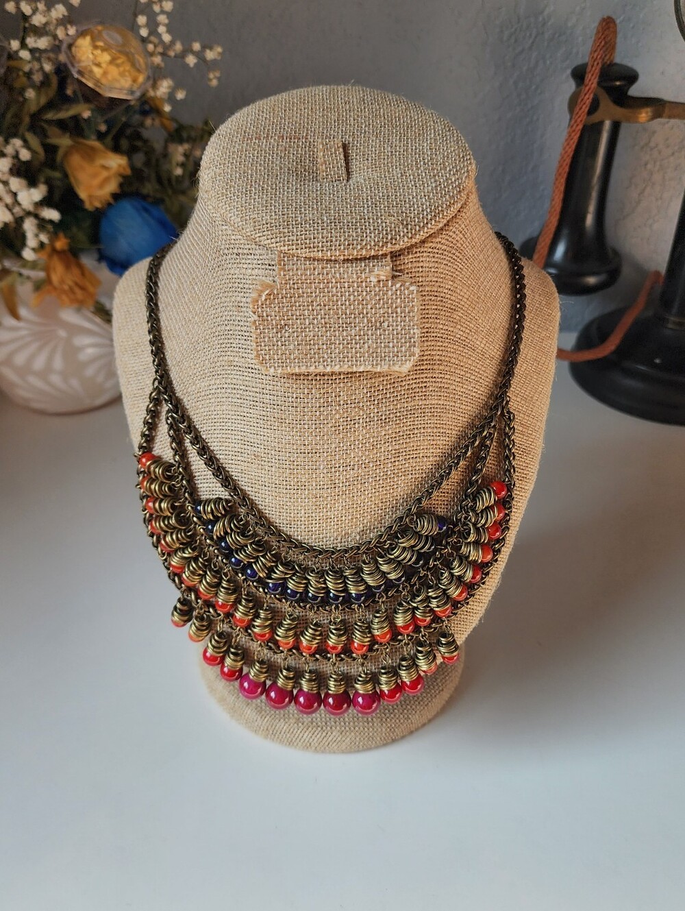 Beaded Boho Necklace Multicolor Chunky Bib Vintage Style  Statement Necklace
